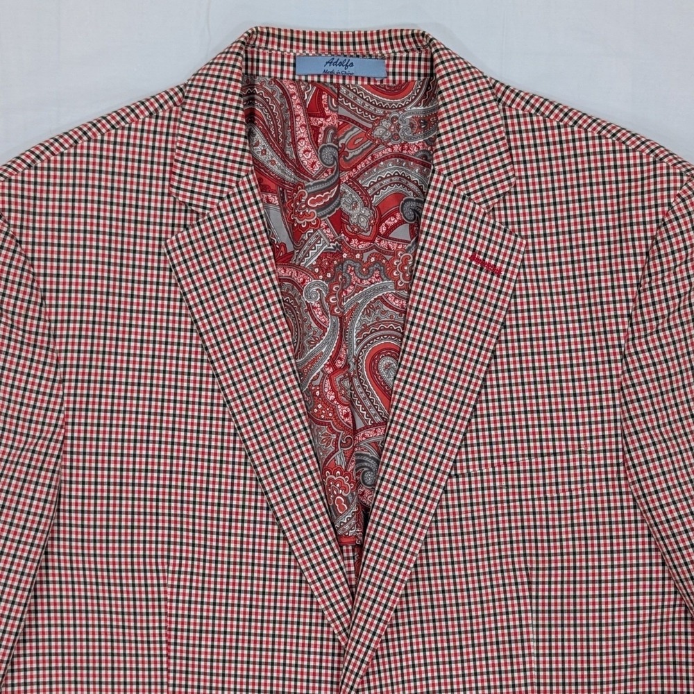 Adolfo Blazer 38R Cotton Crimson Red Gingham Summer Breeze Paisley Elbow Patches - Picture 5 of 15